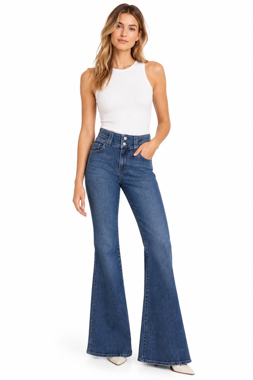 Frame Women's Medium Wash Blue Le High Flare Ruched Waistband Jeans Size 29